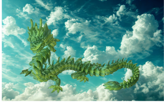 Green dragon-like creature in a blue sky with clouds